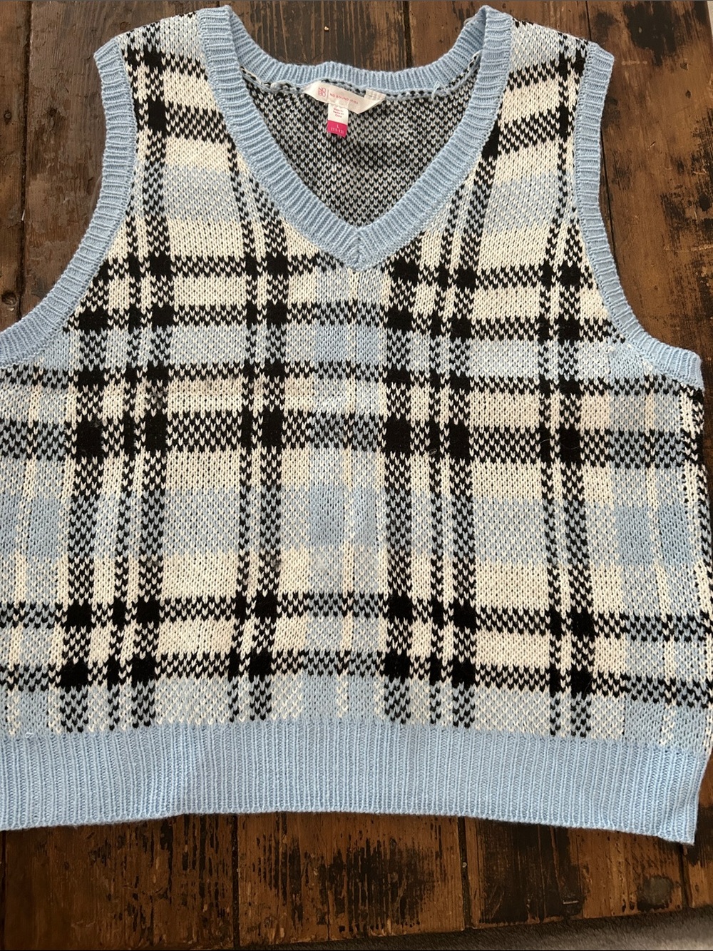 Light Blue Plaid V-Neck Knit Sweater Vest